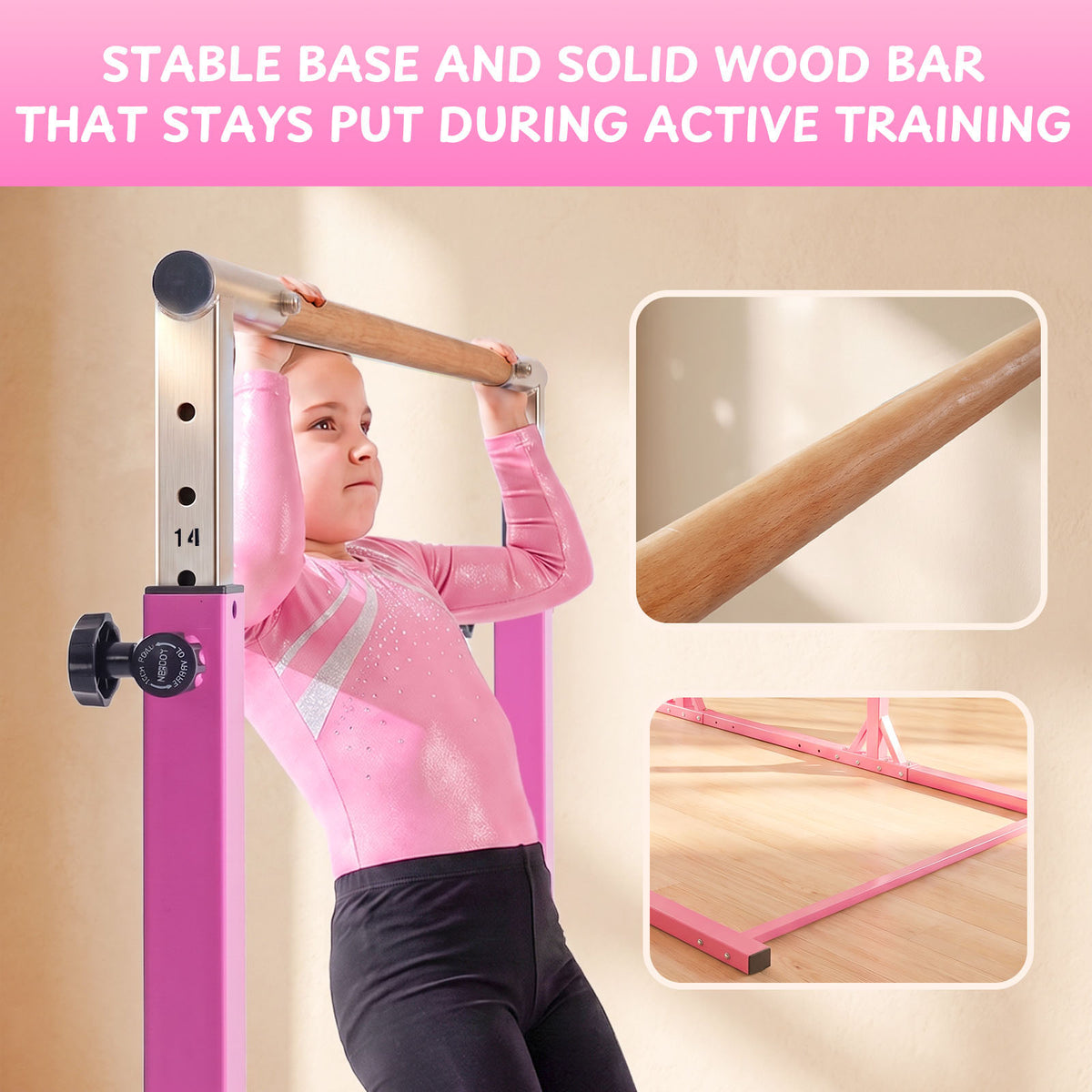Girl using pink Kangaroo Hoppers adjustable parallel bars with solid wood bar and stable base