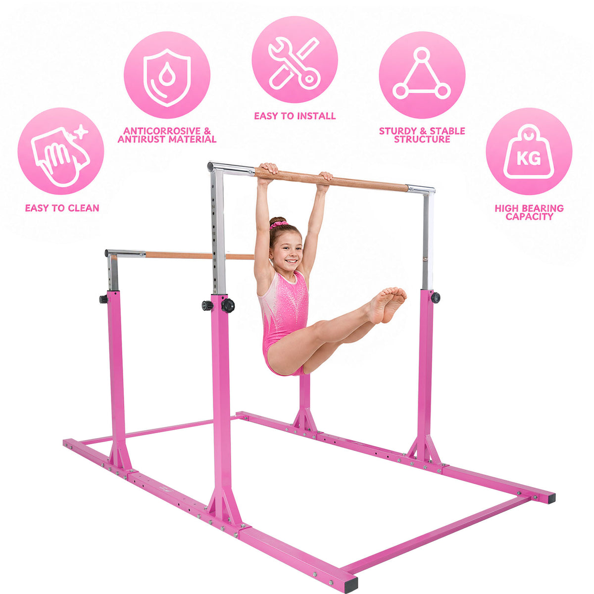 Girl hanging on pink Kangaroo Hoppers adjustable parallel bars with wooden rails