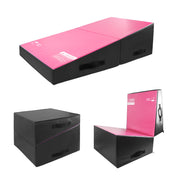 Pink and black folding gymnastics tumbling cheese wedge mat displayed in three configurations