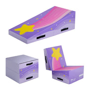Purple gymnastics tumbling cheese wedge mat with star design and black handles