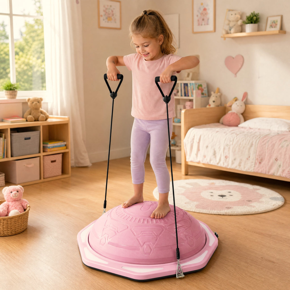 Girl using pink Kangaroo Hoppers Kids Balance Trainer with handles in bedroom