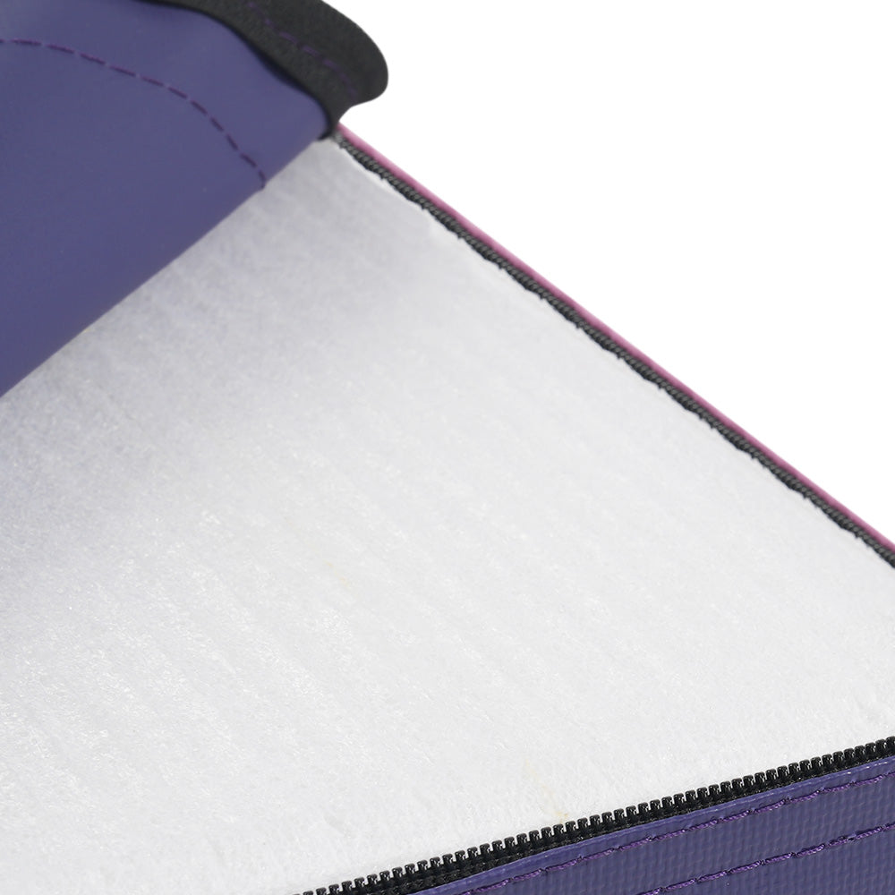 Purplelaptop sleeve interior with white fleece lining and black zipper