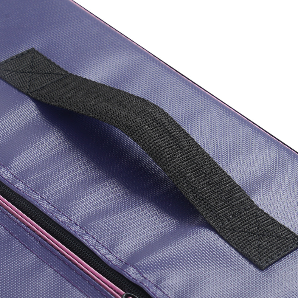 Purple bag withblack handle and pink zipper trim