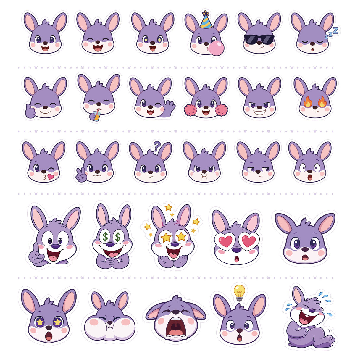 Purple kangaroo hopper emoji stickers showing various cute facial expressions and emotions