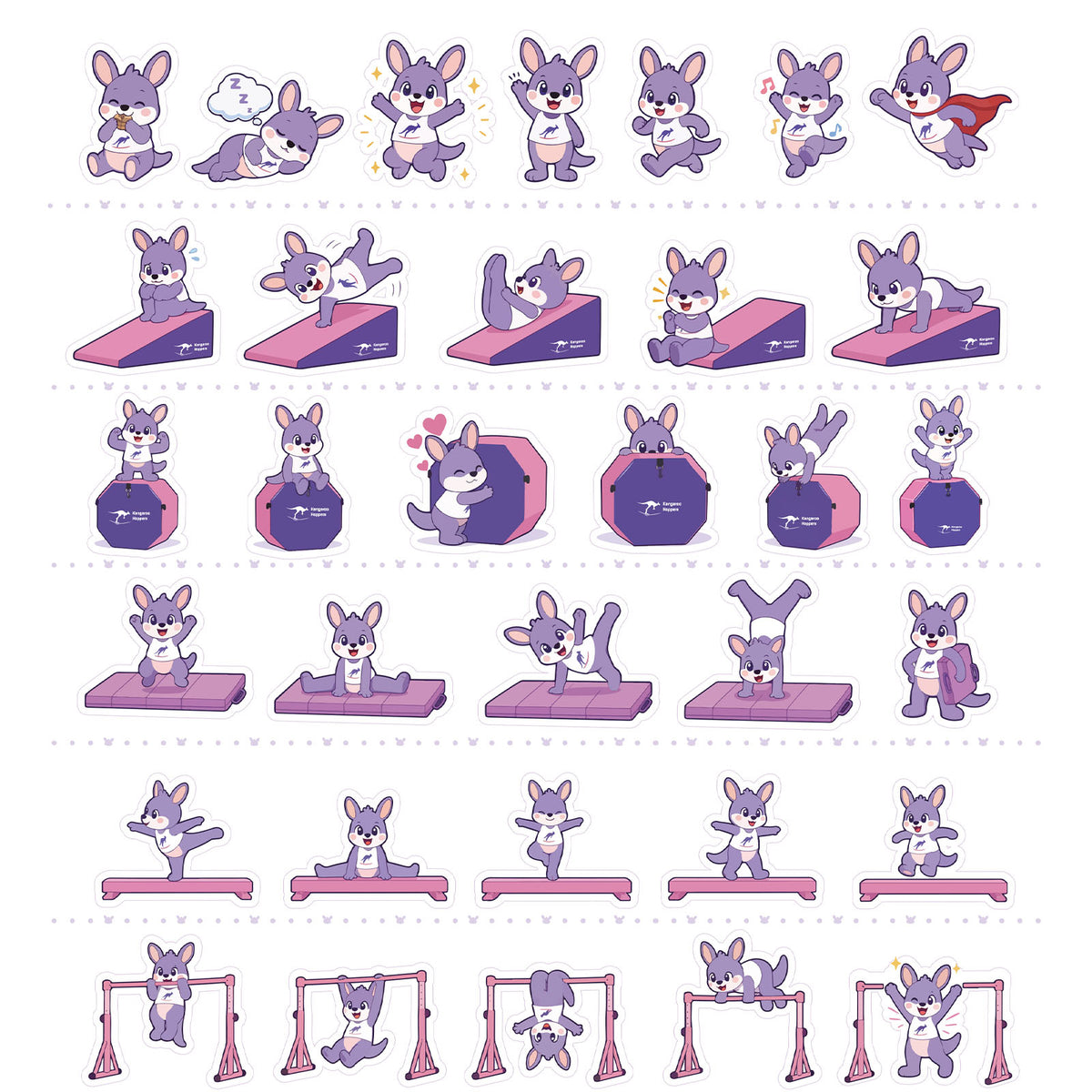 Purple Kangaroo Hoppers stickers showing cute kangaroos doing gymnastics on pink equipment