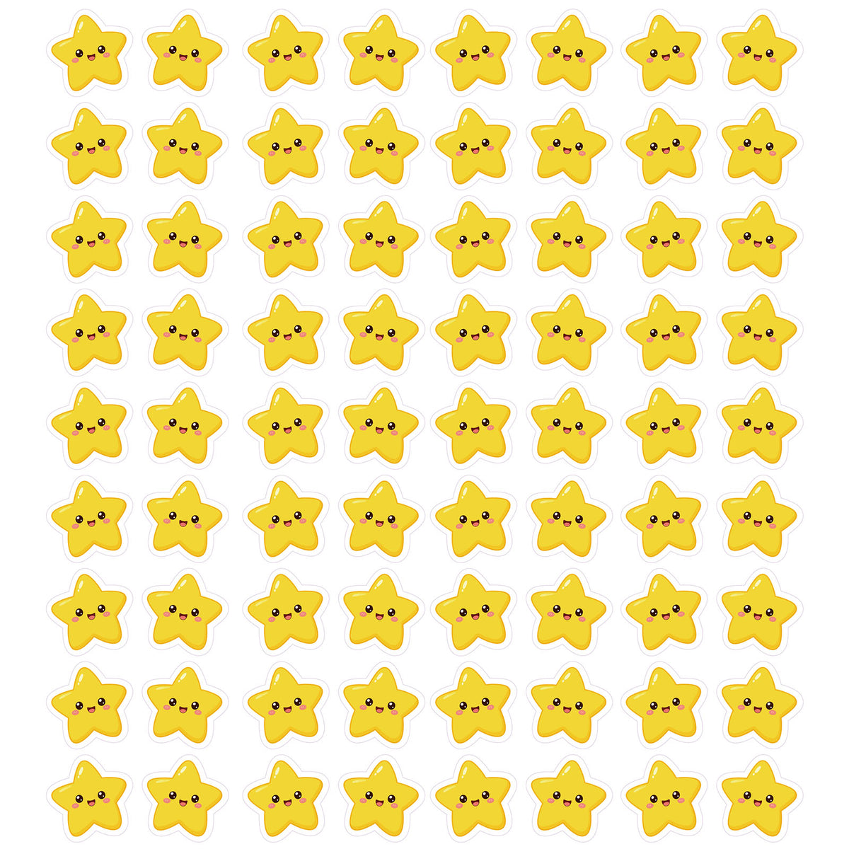 Sheet of yellow star Kangaroo Hoppers stickers with cute smiling faces arranged in rows on white background