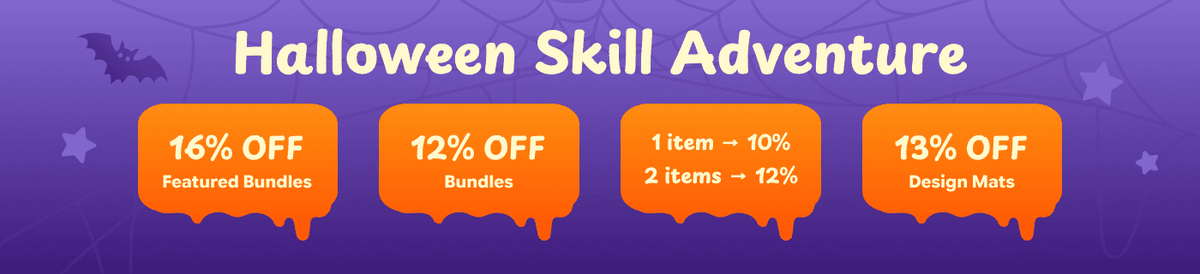 Halloween Skill Adventure sale banner with orange discount tags on purple background