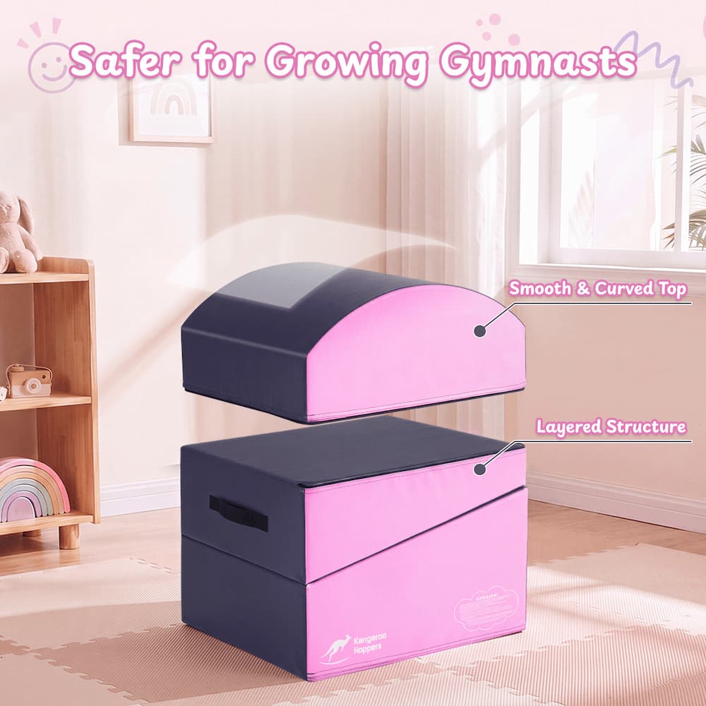 Pink and navyblue folding gymnastics mat in curved and block shapes