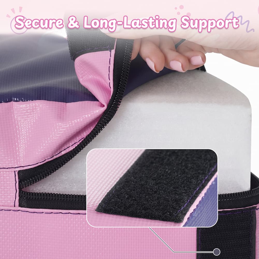 Hand opening pink cooler bag revealing white foam padding and black velcro fastener