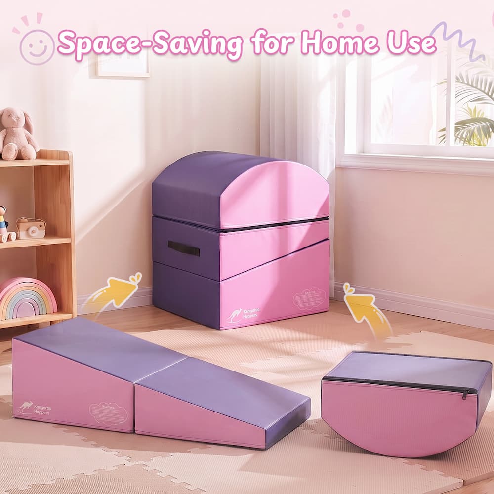 Pinkand purple foam play mat shown as cube ramp and rocker