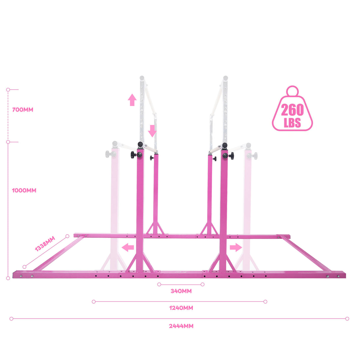 Pink Kangaroo Hoppers adjustable parallel bars with height and width measurements plus 260 lbs weight limit