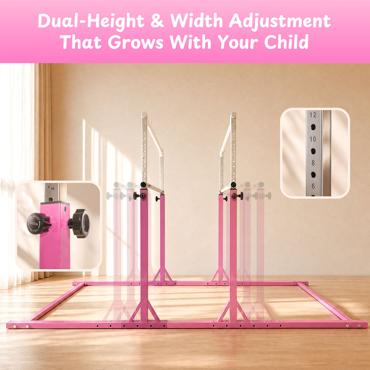 Pink adjustable parallel bars showing dual height and width settings on wood floor