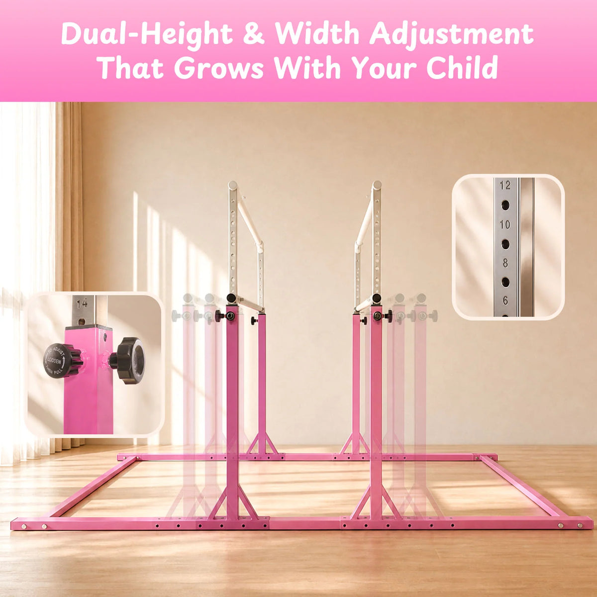 Pink Kangaroo Hoppers adjustable kids parallel bars set showing dual height and width settings on wood floor