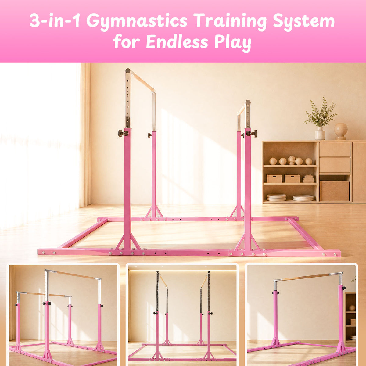 Pink Kangaroo Hoppers adjustable parallel bars gymnastics training system on wood floor