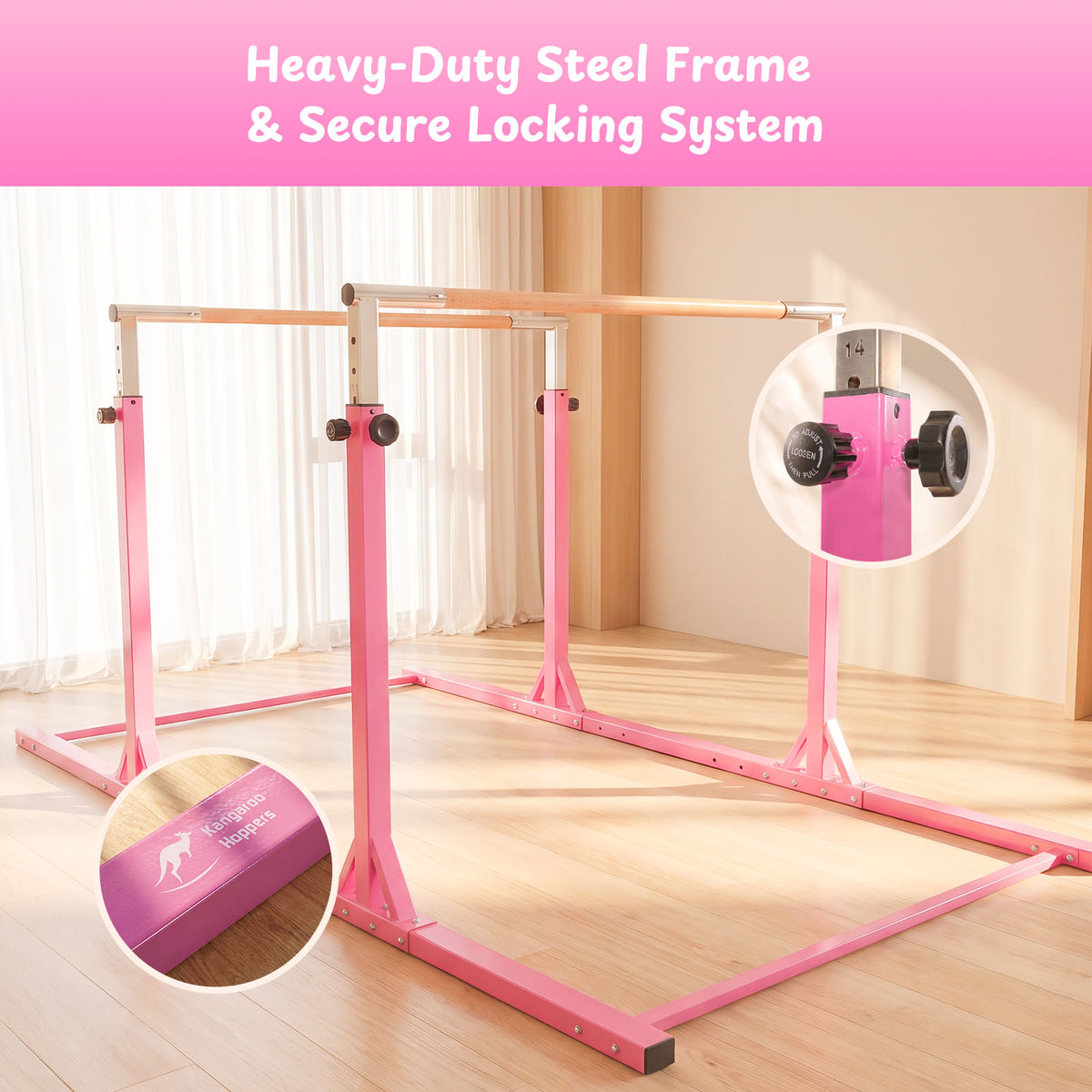 Pink Kangaroo Hoppers adjustable parallel bars with heavy-duty steel frame and wooden handrails on wood floor