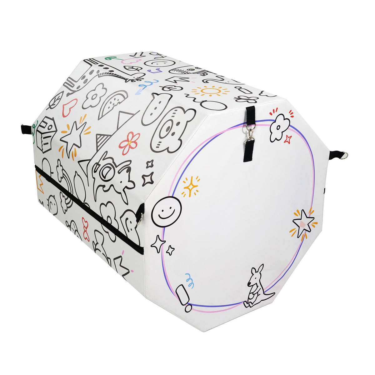 White Kangaroo Hoppers Octagon Trainer Mat with colorful doodle fun design and black zippers