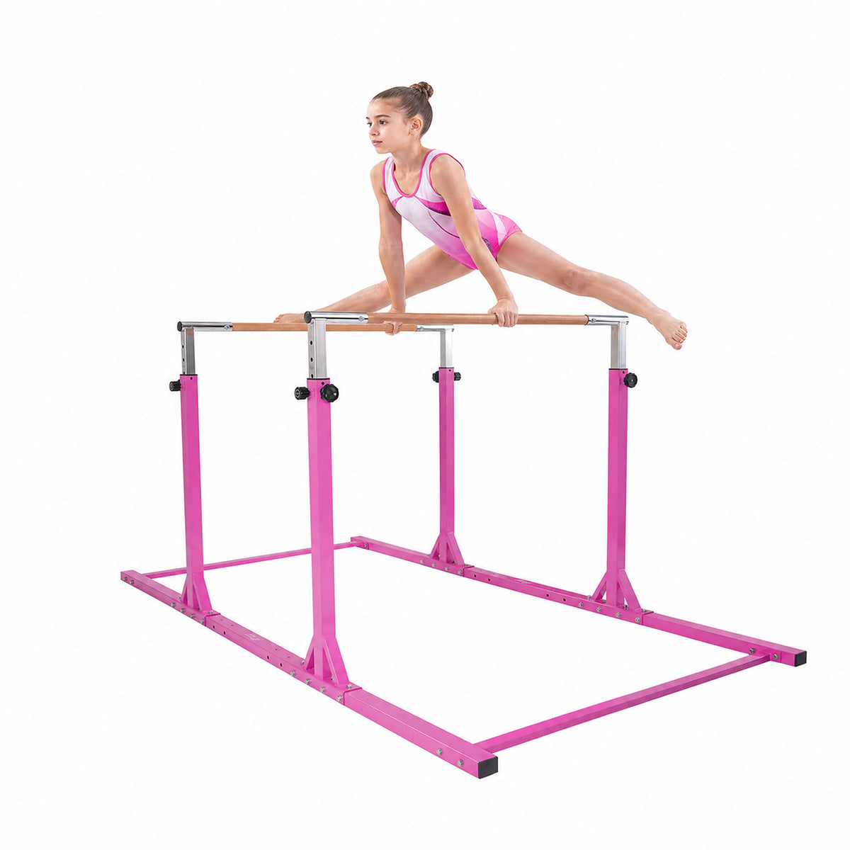 Girl doing split on pink Kangaroo Hoppers adjustable parallel bars