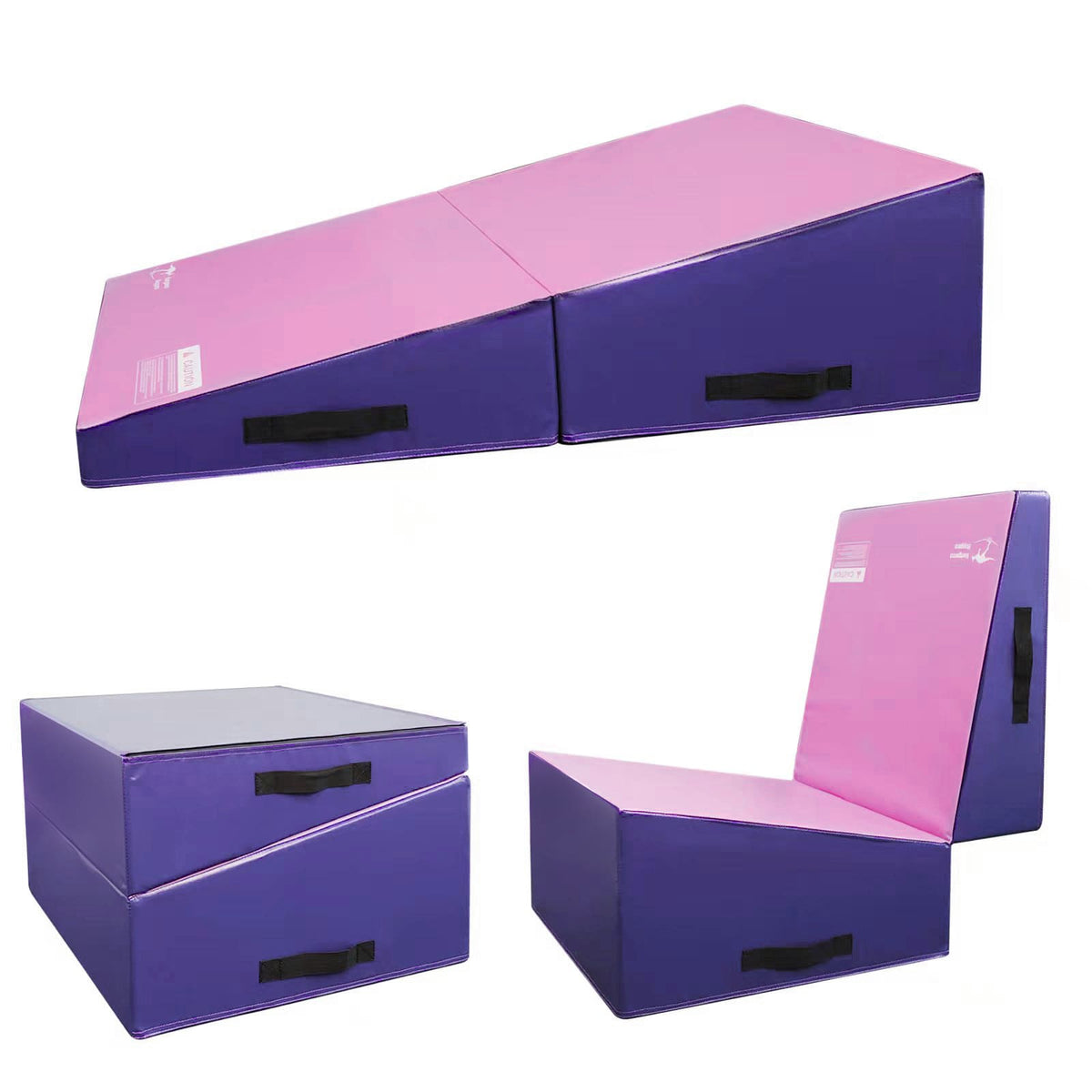 Purple and pink folding gymnastics tumbling cheese wedge mat with black handles