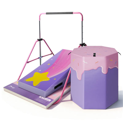 Purple and pinkKangaroo Hoppers All-in-One gymnastics set with bar, wedge mat, and tumbler