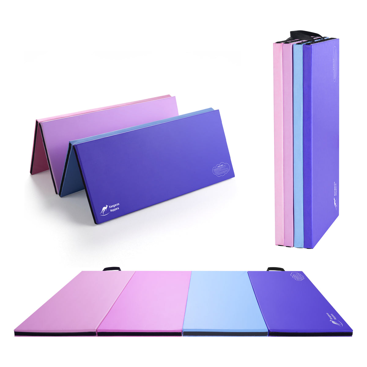 Purple and pink Kangaroo Hoppers gymnastics mat folded and unfolded on white background
