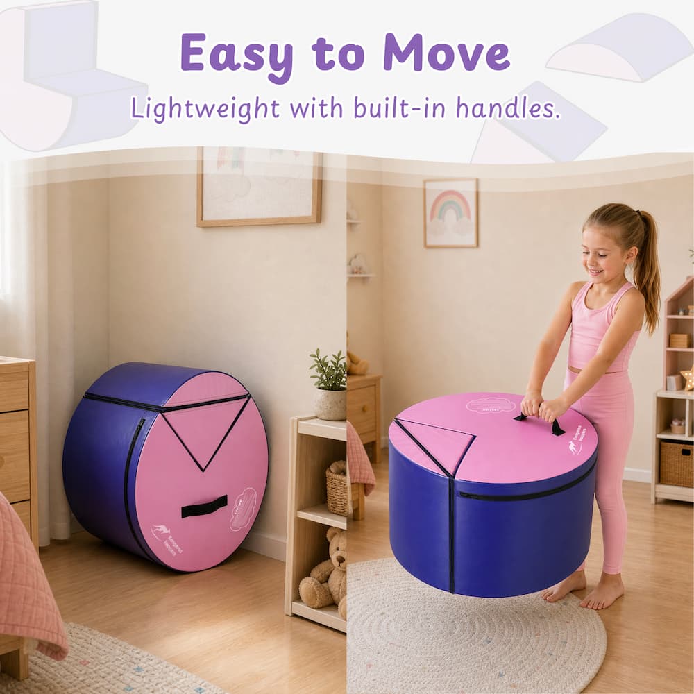 Girl carrying purple and pink Kangaroo Hoppers Flip & Roll Gymnastics Trainer with handles