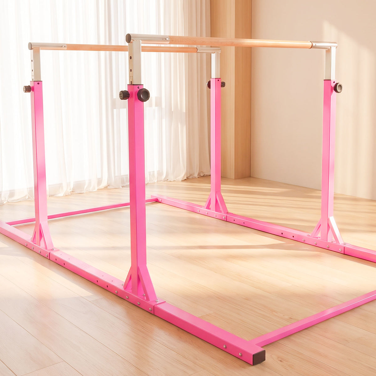 Pink adjustable parallel bars with wooden handrails on light wood floor