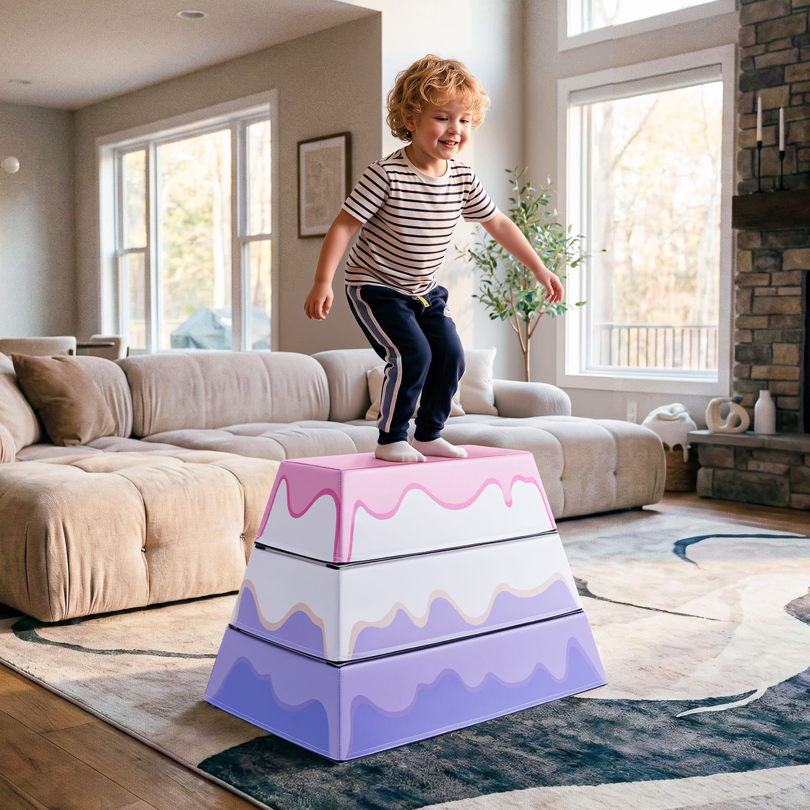 Child playing on 3-Layer Cake Themed Foam Vaulting Box in a living room.