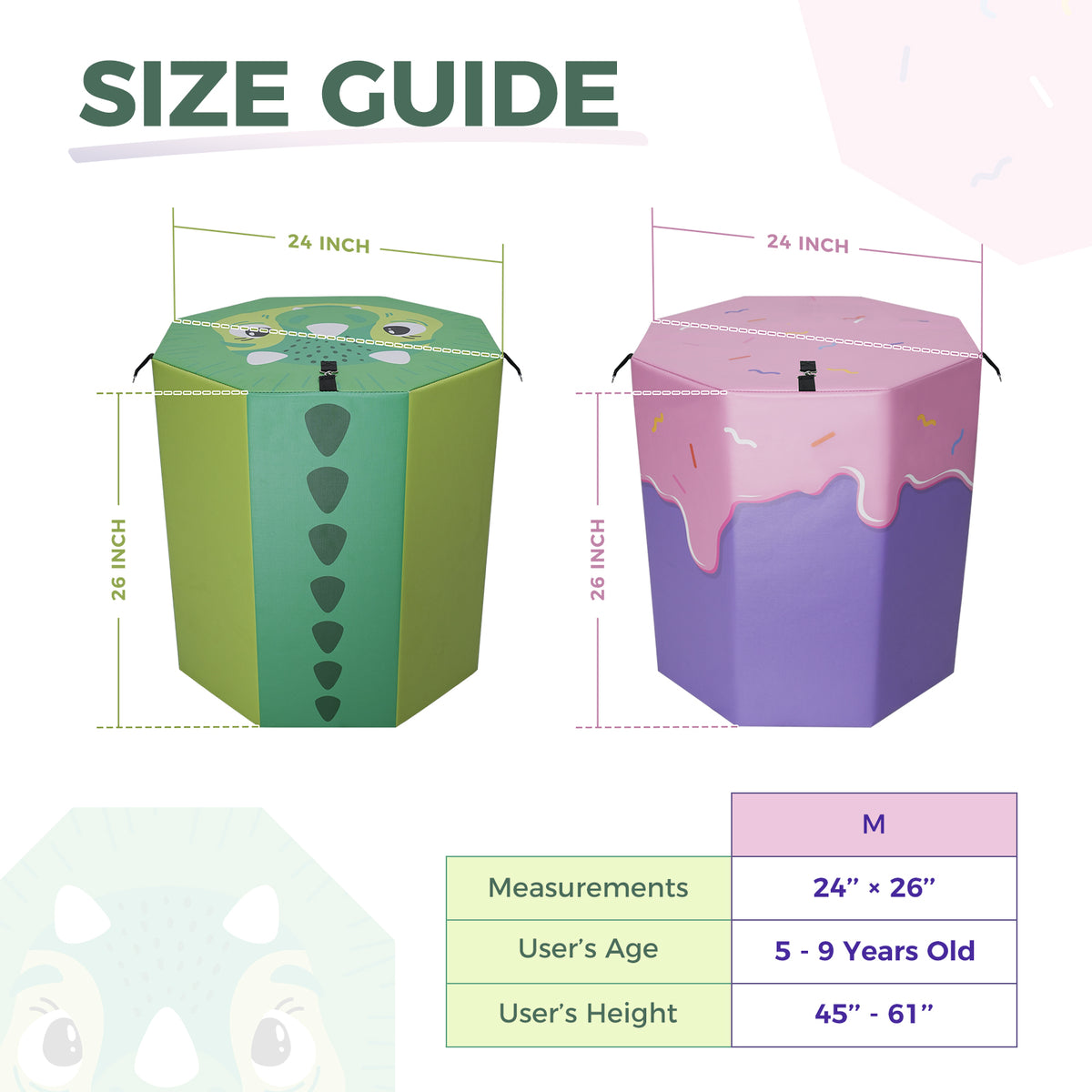 Kangaroo HoppersOctagon Trainer Mat size guide showing green dinosaur and pink cake designs