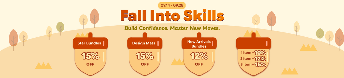 Fall Into Skills sale banner with autumn trees and discount shields for star bundles design mats and new arrivals