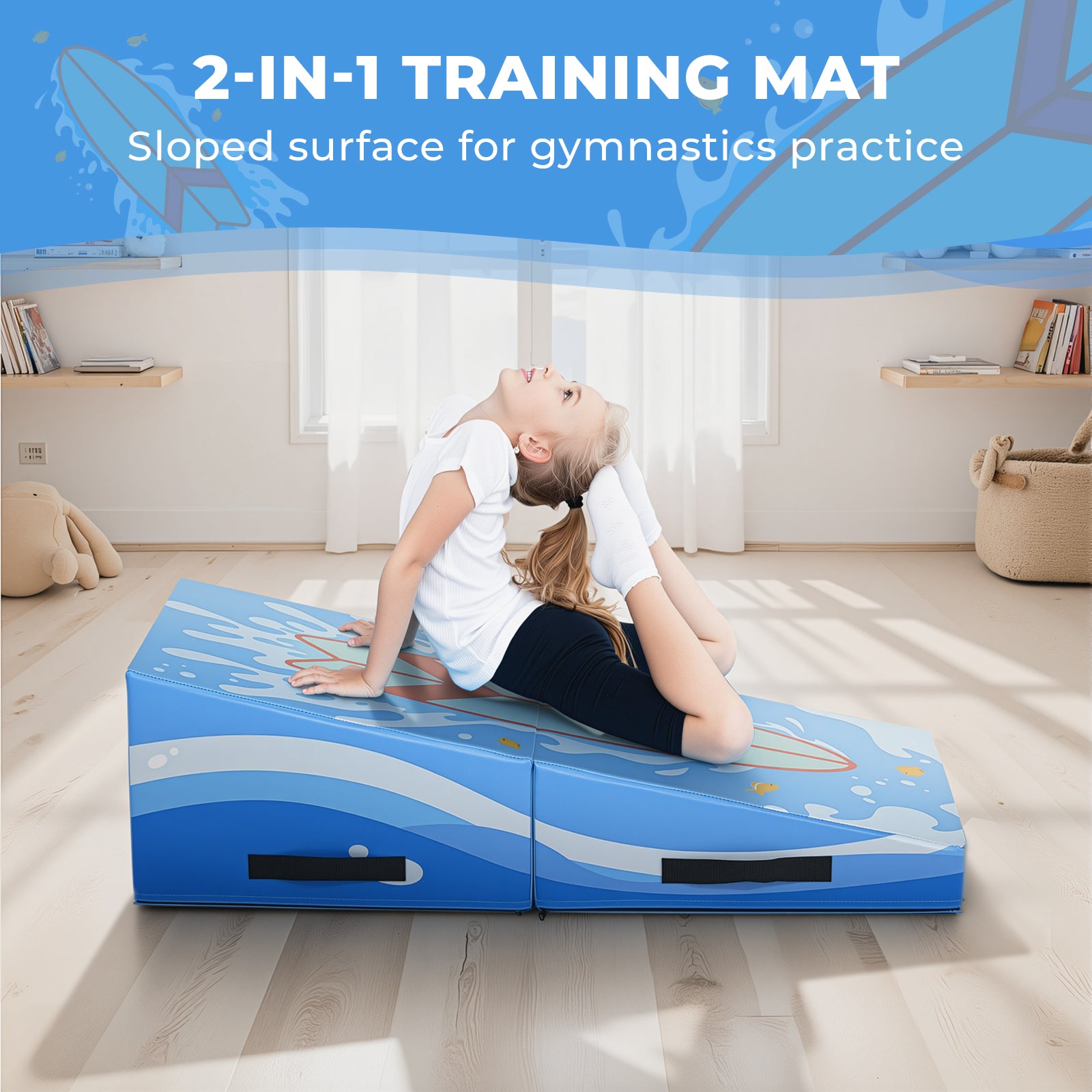 Kangaroo Hoppers Foldable Gymnastics Tumbling Cheese Wedge Mat (M/L) –Surfboard and Shooting Star Designs