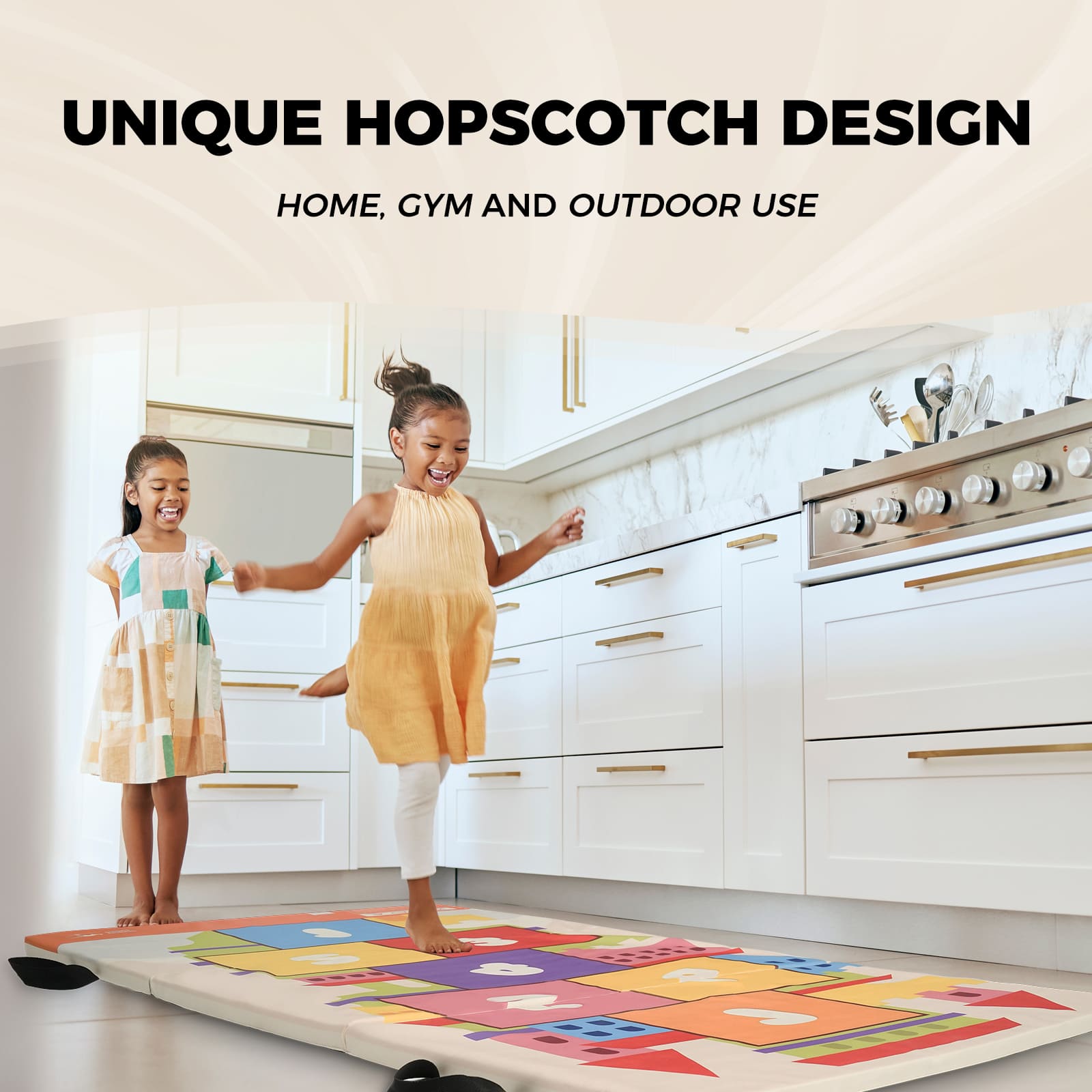 Kids practicing gymnastics at home using Kangaroo Hoppers tumbling mat