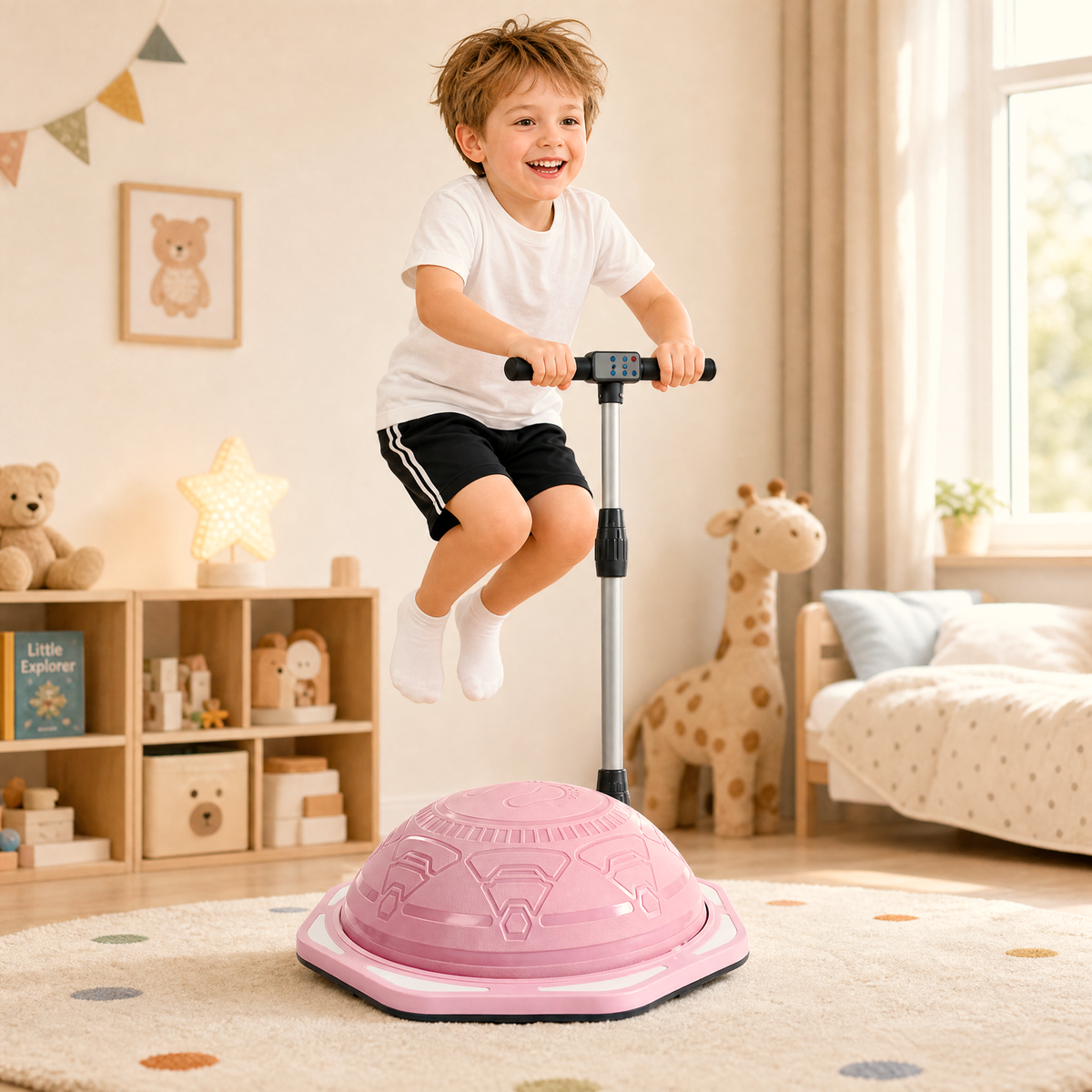 Happy boy jumping on pink Kangaroo Hoppers Kids Balance Trainer with music and lights in playroom
