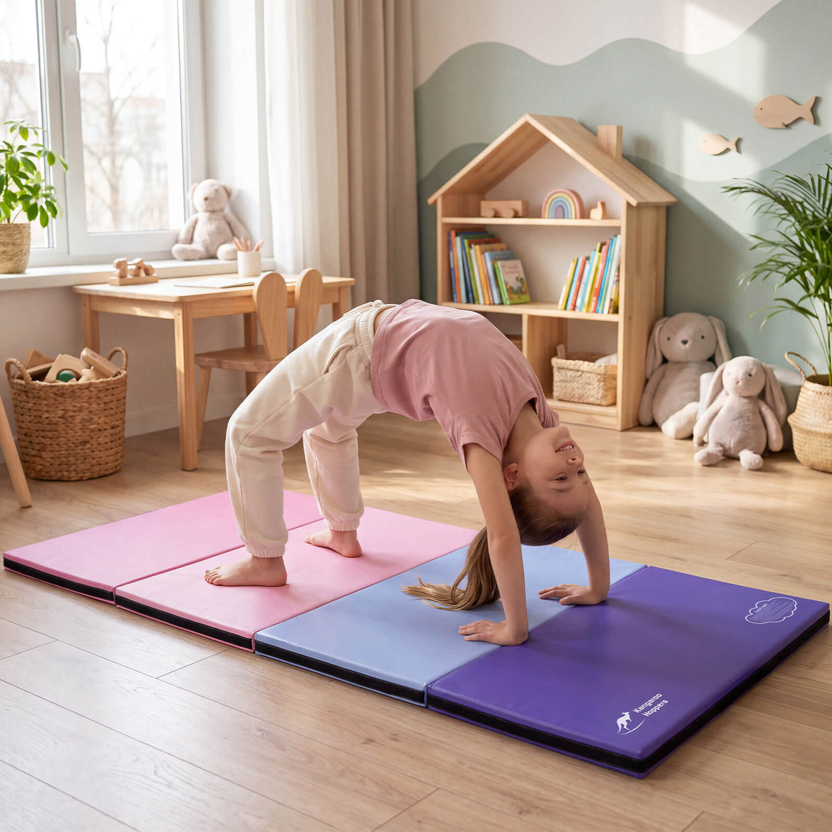 Girl doing backbend on pink and purple Kangaroo Hoppers Morandi Color Block Gymnastics Mat
