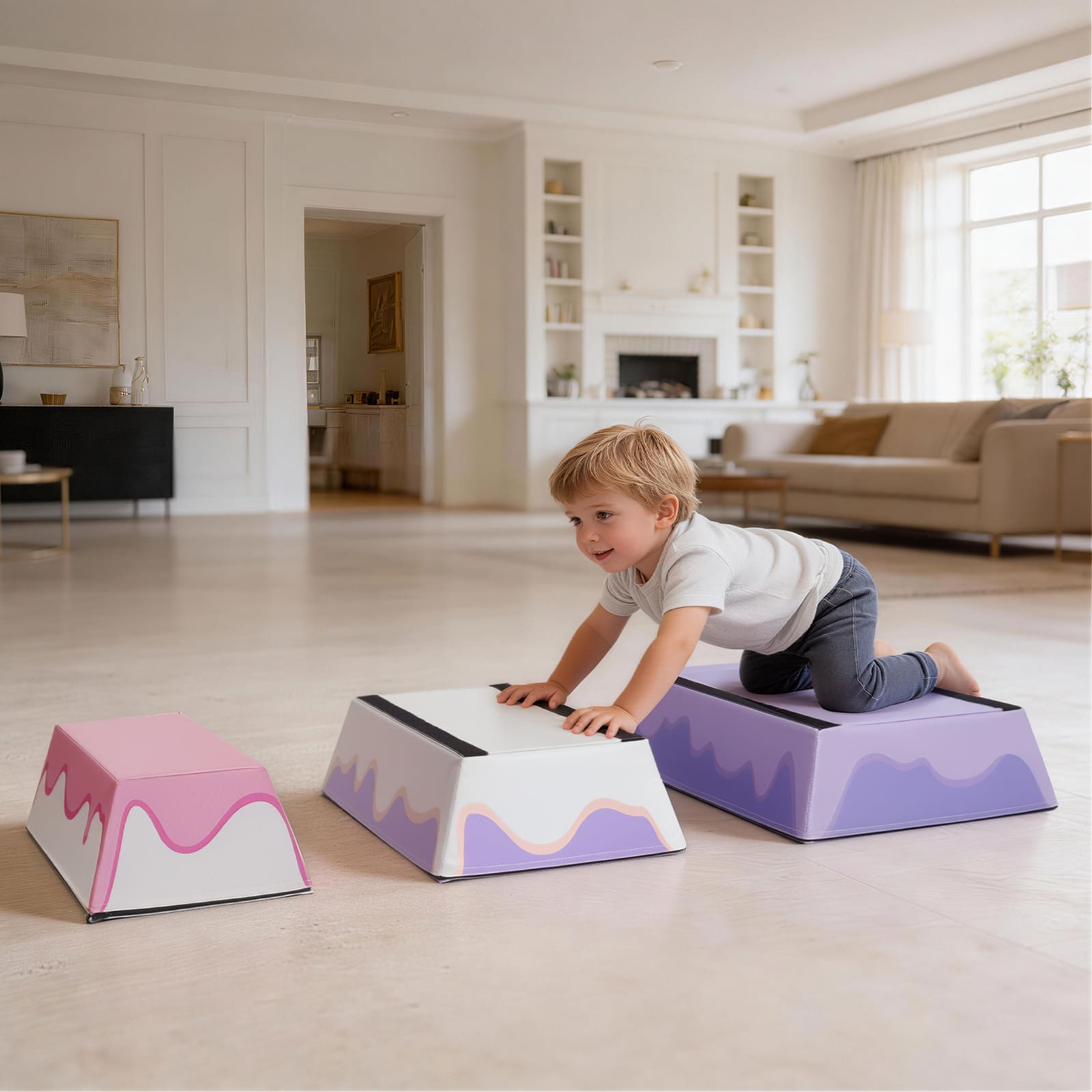 Child playing on a high-density EPE foam toy in a living room.