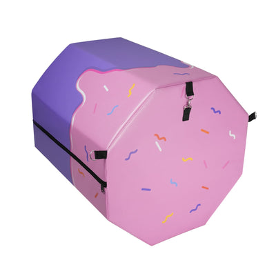 Hexagonal pink bag with purple top and sprinkles design on a white background