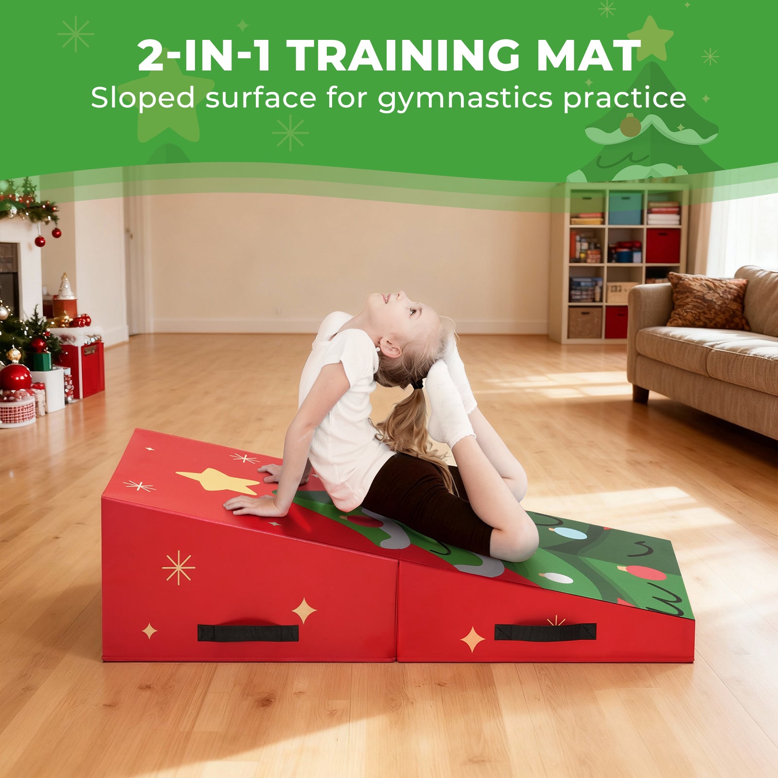 Kangaroo Hoppers Foldable Gymnastics Tumbling Cheese Wedge Mat (L) – Christmas Tree Design