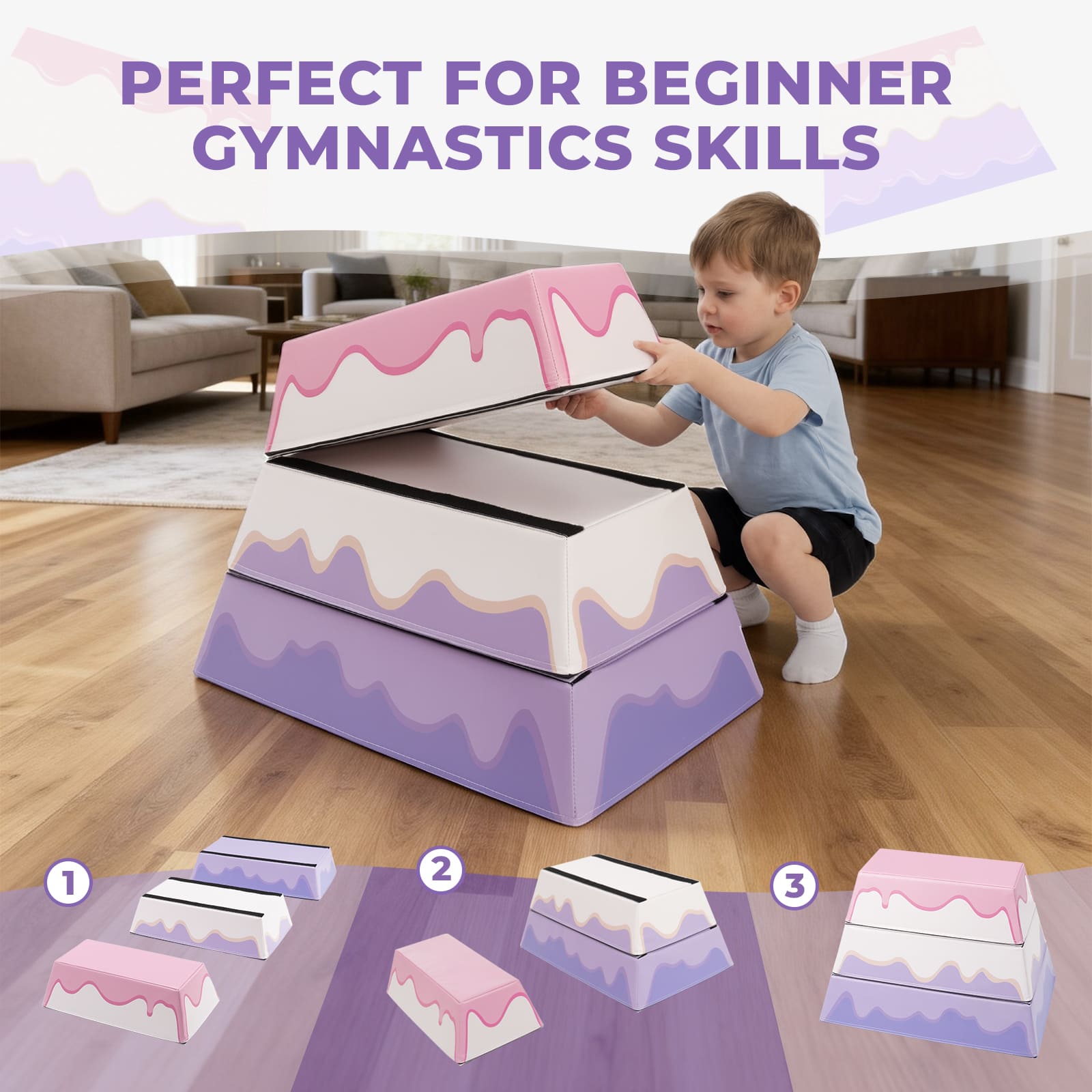 Toddler playing with Kangaroo Hoppers 3 layer cake themed foam vaulting box for beginner gymnastics at home