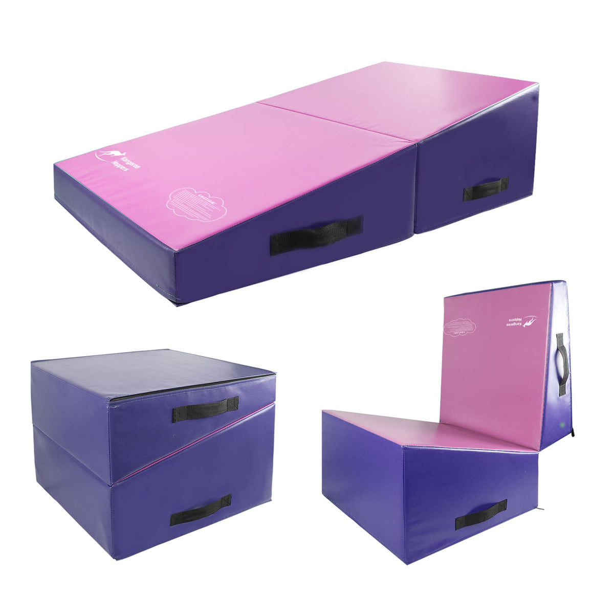 Purple and pink Kangaroo Hoppers gymnastics tumbling cheese wedge mat shown folded and unfolded
