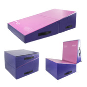 Purple and pink Kangaroo Hoppers gymnastics tumbling cheese wedge mat shown folded and unfolded