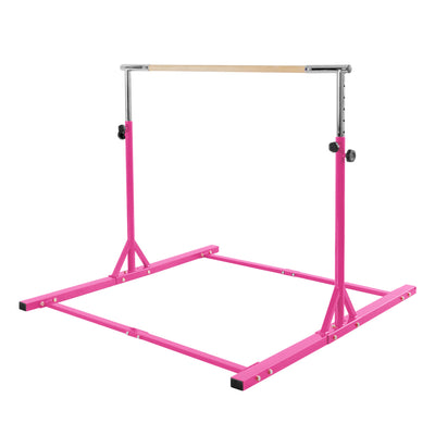 Pink gymnastics bar stand with a horizontal bar on a white background