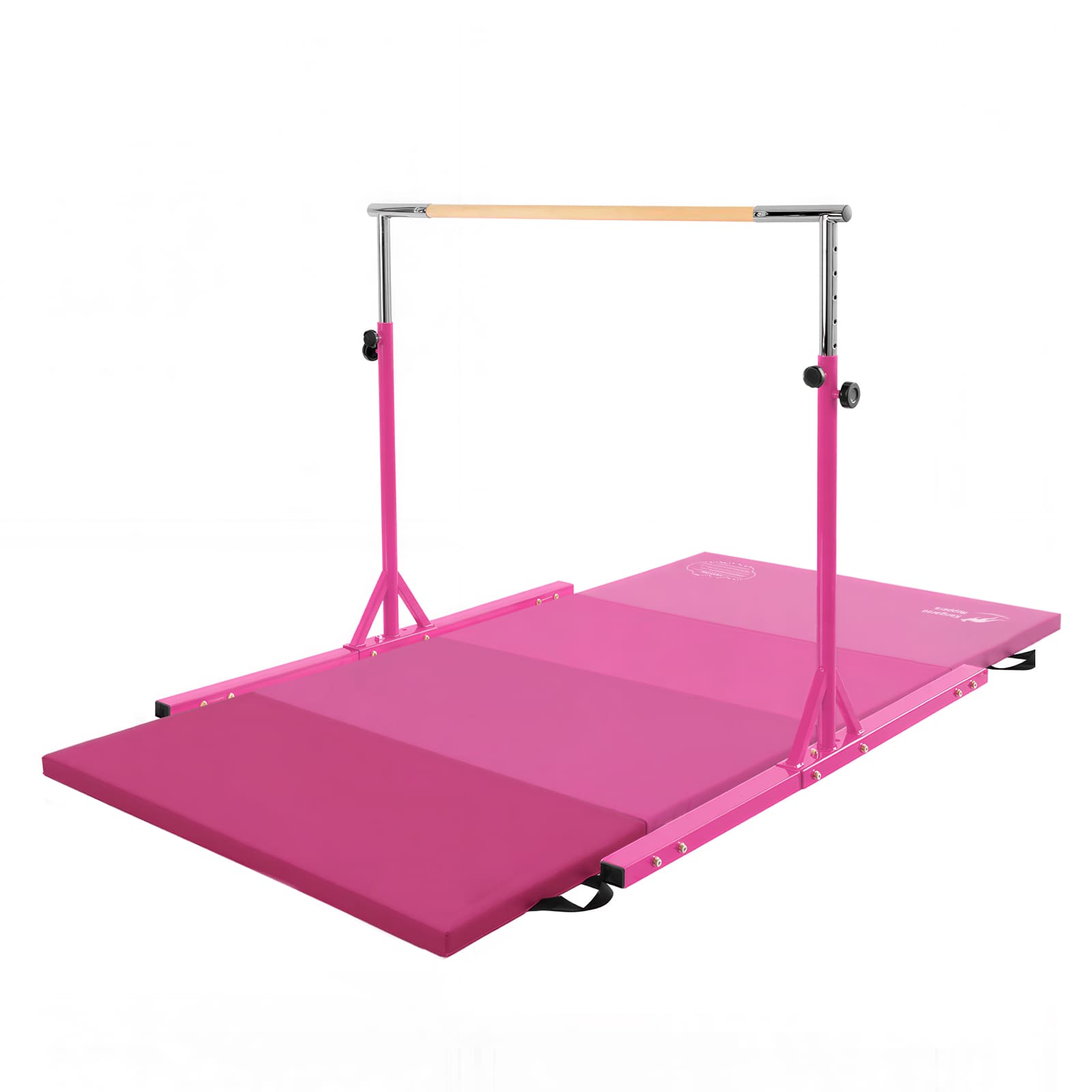 Pink gymnastics mat with horizontal bar on a white background