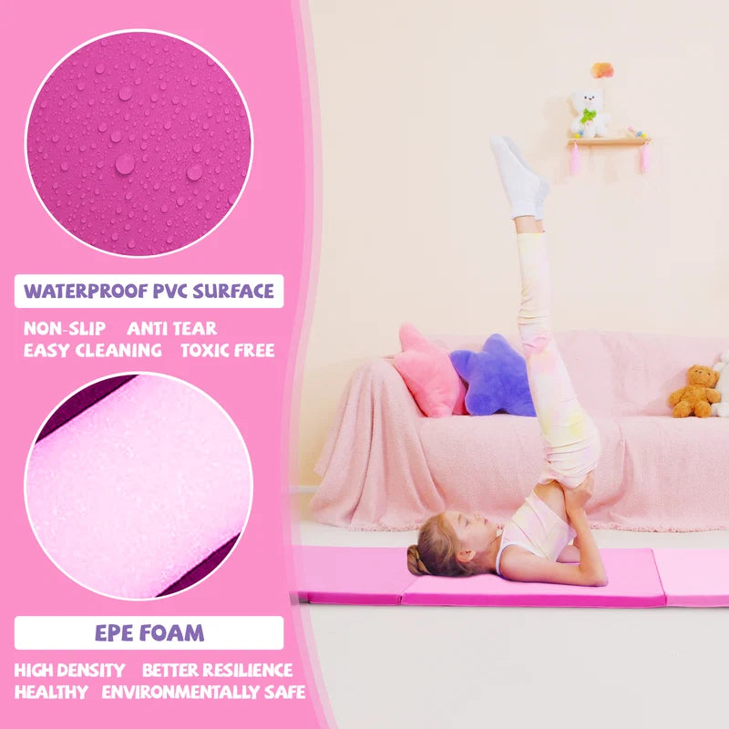 Pink waterproof PVC folding gymnastics mat with high density EPE foam for kids exercises