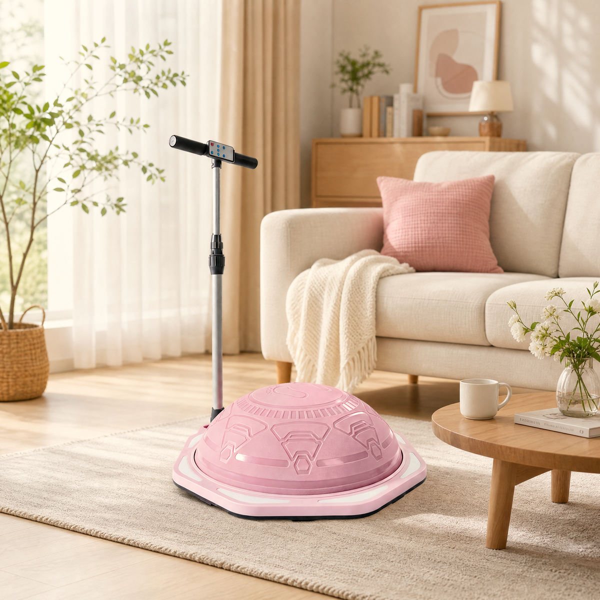 Pink Kangaroo Hoppers Kids Balance Trainer with handle on living room rug