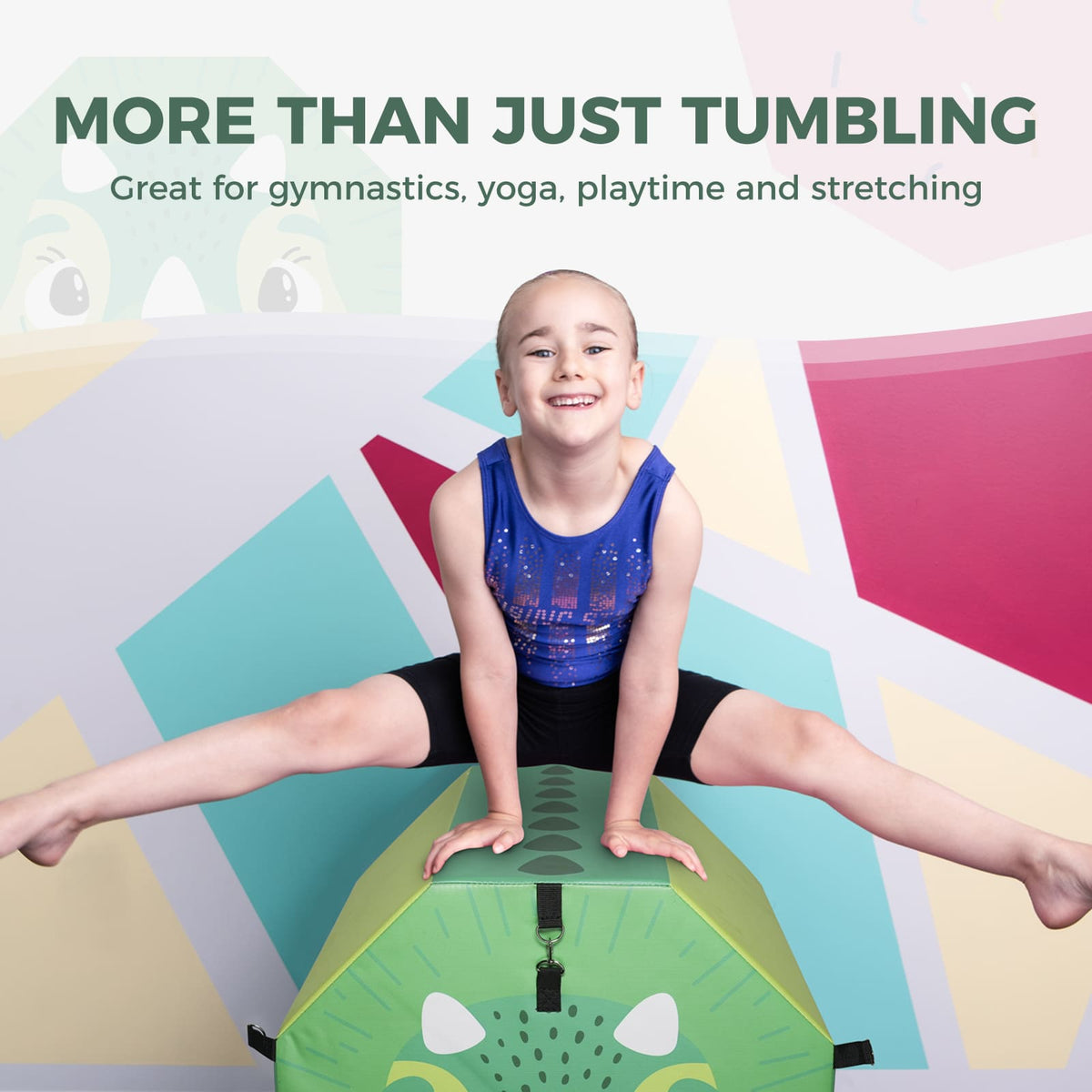 Girl doing splits on green Kangaroo Hoppers Octagon Trainer Mat with dino design