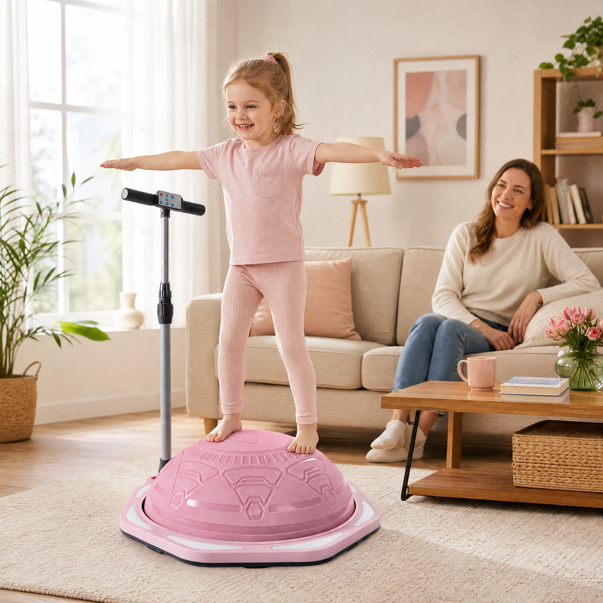 Girl balancing on pink Kangaroo Hoppers Kids Balance Trainer with handle in living room