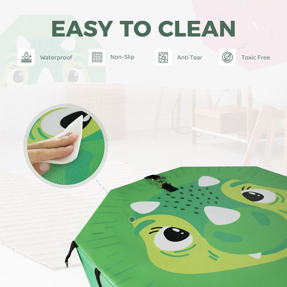Green Kangaroo Hoppers Octagon Trainer Mat with dinosaur design being wiped clean