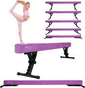 Purple Kangaroo Hoppers 8Ft Adjustable Gymnastics Beam at different heights with a gymnast