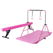 Pink all-in-one kids strength and balance training set with beam, bar, rings, and mat