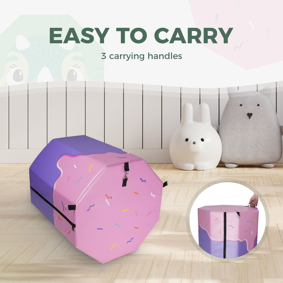 Pink and purple cakedesign Kangaroo Hoppers octagon trainer mat with three carrying handles
