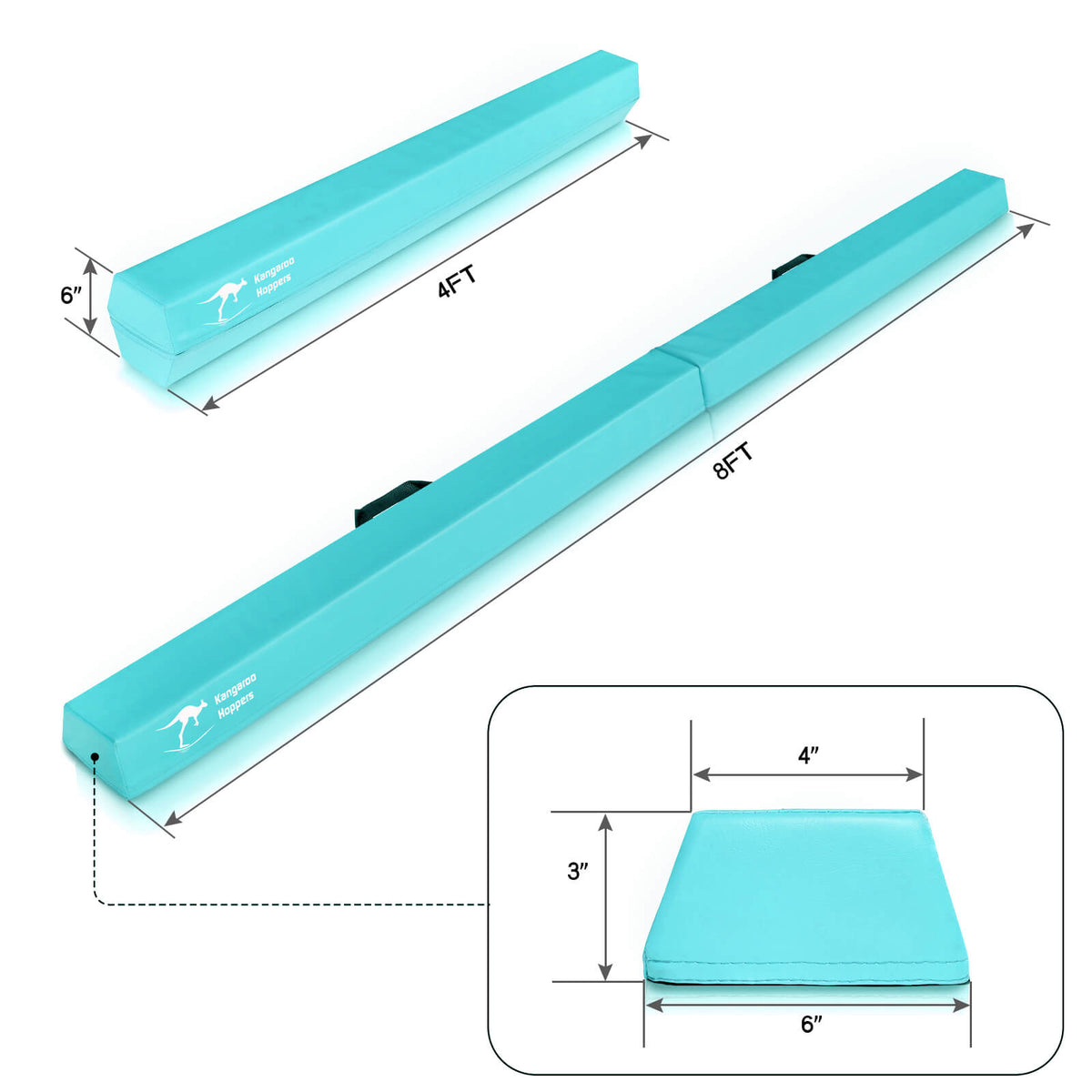 Light blue8FT folding gymnastics balance beam for kids showing folded and unfolded views